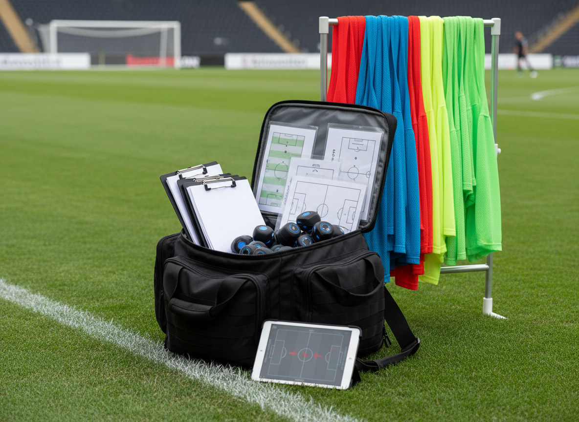 A meticulously organized coaching station on the sideline of a football pitch, featuring a rugged black tactical bag unzipped to reveal neatly arranged clipboards, laminated session plans, GPS tracker pods, and a compact tablet displaying a digital tactics board. A row of color-coded training bibs hangs from a portable rack, their fabric textures clearly defined. The station sits on short, well-maintained grass near a clean white touchline. Overcast natural daylight provides soft, even lighting that minimizes glare on screens and paper, creating a calm, focused atmosphere. Shot from a low, three-quarter angle in photographic realism, the composition uses shallow depth of field to keep the coaching tools in sharp focus while the goalposts and distant stands blur gently into the background.