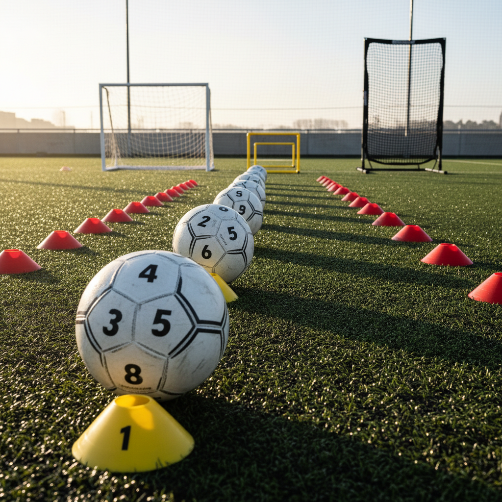 A sequence of footballs arranged in a straight line along a training cone channel, each ball positioned next to a small, numbered marker indicating progression through a technical learning drill. The surface is a smooth, high-quality artificial pitch with visible rubber infill granules adding texture. Behind the balls, a portable goal, rebound net, and passing gate frames form a structured training lane. Early morning natural light filters in at a low angle, creating subtle highlights on the ball seams and casting elongated, soft shadows that emphasize depth and direction. Captured from a low, sideline perspective with photographic realism, the composition conveys a sense of structured, step-by-step skill development tailored to a professional transplant football coaching program.