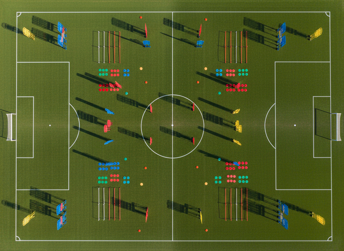 An overhead, photographic view of a full-size football pitch marked with vivid white coaching grids, half-pitch zones, and small-sided game boxes, all meticulously painted on immaculate green grass. Brightly colored training mannequins, agility poles, and flat discs form precise patterns across the field, hinting at structured drills and progressive learning. Late afternoon natural light casts long, defined shadows from the equipment, adding depth and rhythm to the scene. The composition emphasizes symmetry and organization, with sharp focus across the entire frame. The atmosphere is professional and methodical, visually representing a carefully planned training curriculum for a transplant football club focused on tactical understanding and skill development.