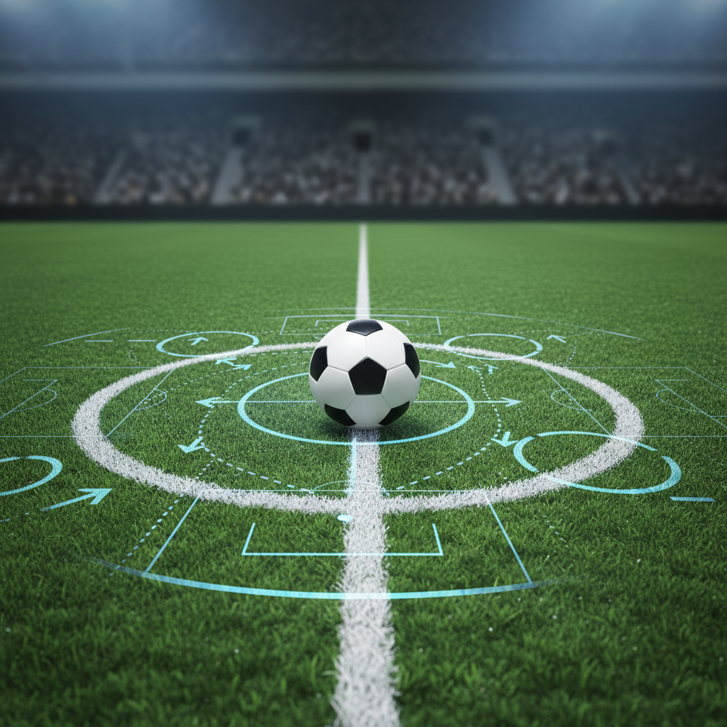 A high-resolution, photographic close-up of a professional match ball placed at the center of a perfectly painted midfield circle, surrounded by a series of translucent, overlapping tactical graphics such as arrows, passing lanes, and positional zones subtly integrated into the grass texture. The stadium seating is barely visible as a soft, out-of-focus background, ensuring the visual emphasis remains on the conceptual strategy overlay. Cool, evenly distributed floodlight-style lighting from above creates a neutral, analytical mood, with minimal shadows. Shot from a slightly elevated angle, the composition blends real-world football surfaces with abstract coaching concepts, representing the intellectual and educational side of transplant football training.