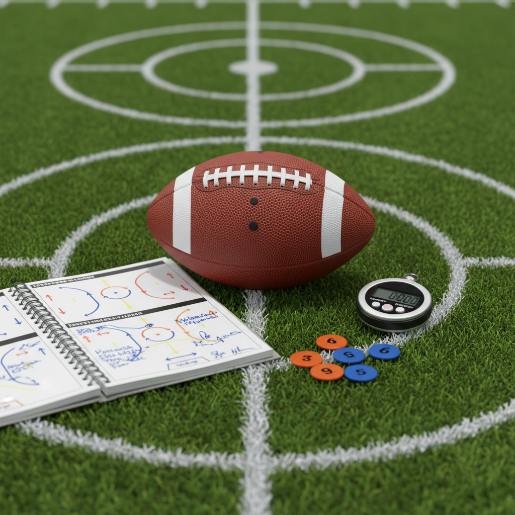 A detailed close-up of a football resting on a perfectly marked tactical grid painted onto lush green artificial turf, each line crisp and freshly maintained. Beside the ball lies an open strategic playbook with printed diagrams, color-coded arrows, and handwritten annotations in blue ink. A digital stopwatch and a set of small, numbered training discs complete the arrangement. Soft, diffused stadium lighting from above casts gentle, even illumination without harsh shadows, highlighting textures in the ball’s panels and the turf blades. Photographic realism and a slightly elevated angle with shallow depth of field keep the focus on the tools of learning, evoking a disciplined, analytical coaching environment for transplant football training.
