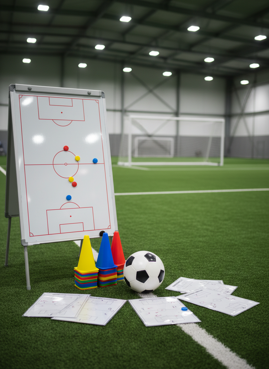 A meticulously arranged collection of modern football coaching equipment, including a crisp whiteboard with magnetic player markers, neatly stacked cones in bright primary colors, a well-inflated match ball with textured panels, and laminated tactic sheets laid out on a smooth artificial turf surface. The scene is set inside a pristine indoor training facility, with the blurred outlines of goalposts and boundary lines in the background. Cool, even overhead lighting creates clean reflections on the whiteboard and subtle shadows around the equipment. Captured at eye level with photographic realism and sharp focus, the composition follows the rule of thirds to convey professionalism, clarity, and structured learning for a high-performance transplant football club.
