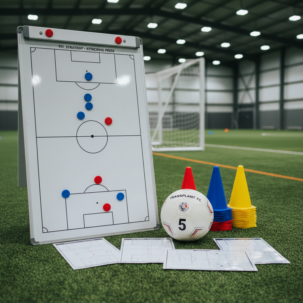 A meticulously arranged collection of modern football coaching equipment, including a crisp whiteboard with magnetic player markers, neatly stacked cones in bright primary colors, a well-inflated match ball with textured panels, and laminated tactic sheets laid out on a smooth artificial turf surface. The scene is set inside a pristine indoor training facility, with the blurred outlines of goalposts and boundary lines in the background. Cool, even overhead lighting creates clean reflections on the whiteboard and subtle shadows around the equipment. Captured at eye level with photographic realism and sharp focus, the composition follows the rule of thirds to convey professionalism, clarity, and structured learning for a high-performance transplant football club.
